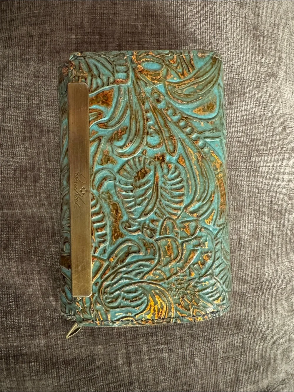 Patricia Nash Teal Embossed Leather Wallet with Brass Accent